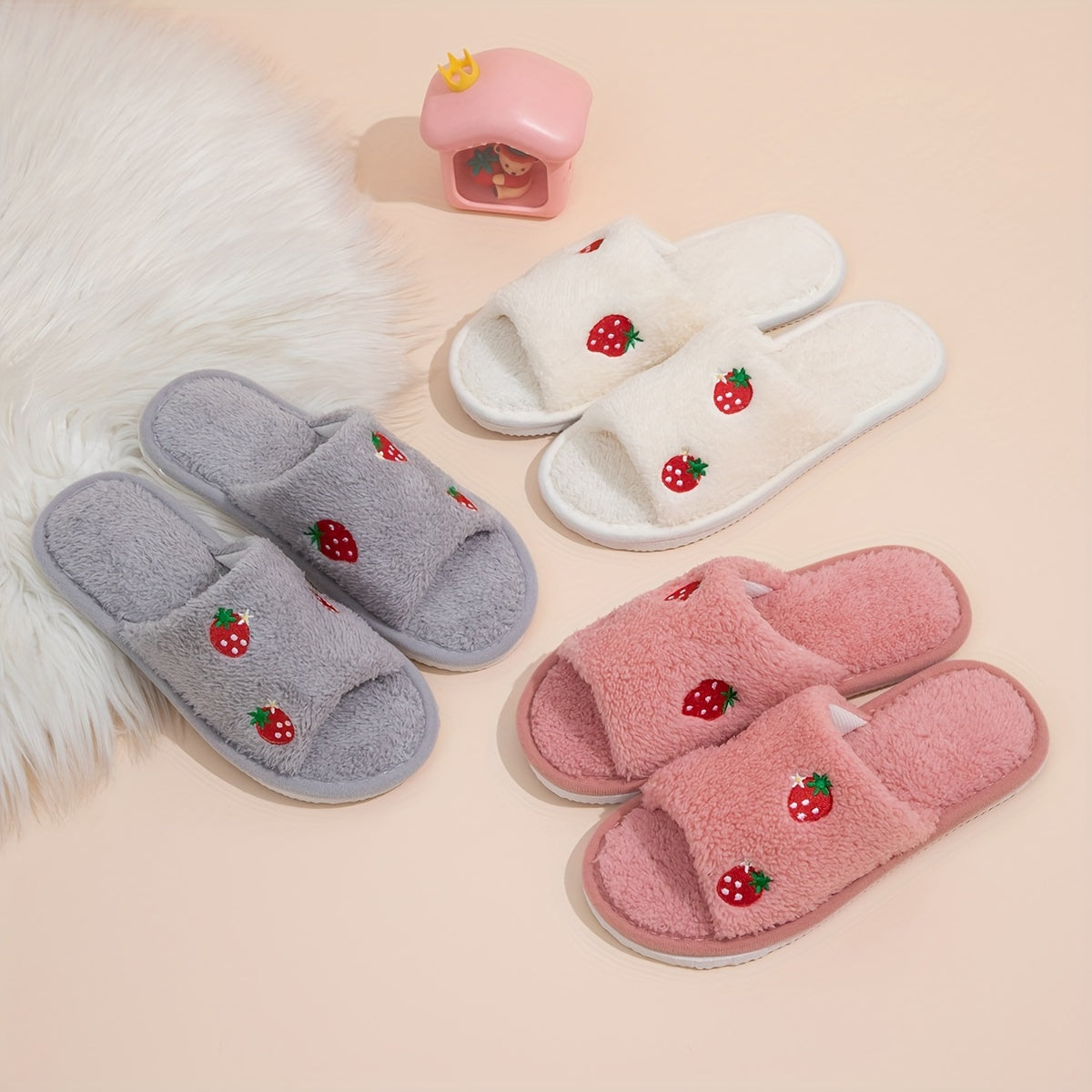 Strawberry embroidered open-toe slippers for women, with cozy comfort, lightweight design, non-slip sole, and machine washable.