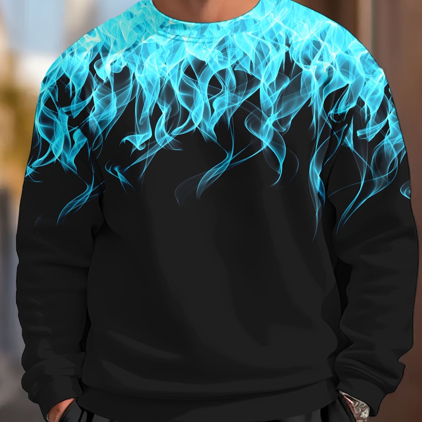 Men's Plus Size Casual Sweatshirt with Blue Flame Print - Cozy, stretchy polyester blend, machine washable, round neck pullover for fall/winter. Ideal for plus size individuals.