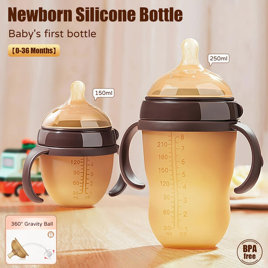 Silicone Handle Baby Bottle for Babies 0-36 Months, Available in 150ml and 240ml sizes, BPA-free and Soft with a bite-resistant design. Suitable for Baby Boys and Girls, Anti-Drop feature makes it ideal for Newborns. Great as a Gift!