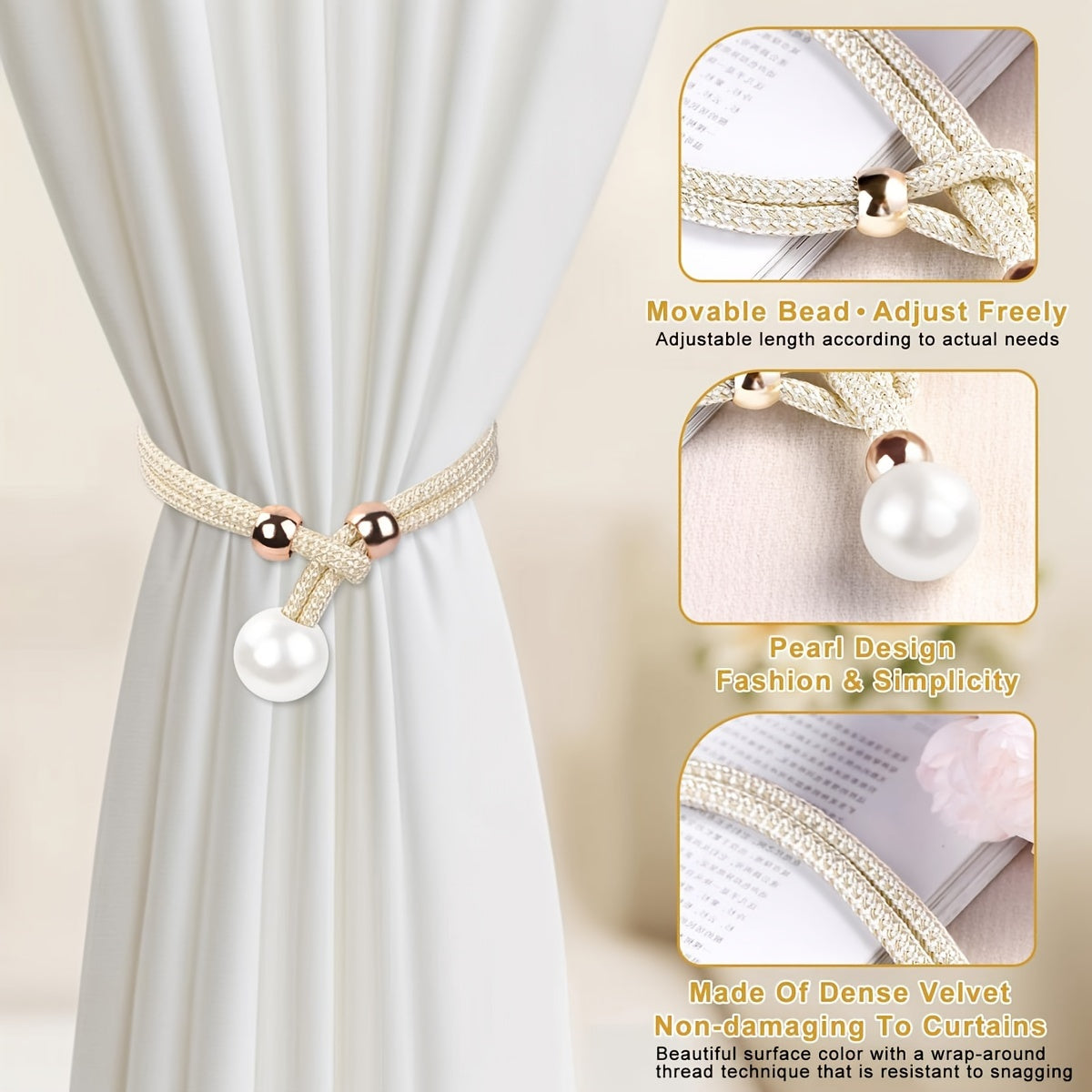 1 set of 2 pieces of pearl decorative curtain buckles, representing high-end luxury and adjustable style for your curtains. These elegant pearl curtain straps are perfect for enhancing the decoration of your curtains in any room, whether it be a bedroom