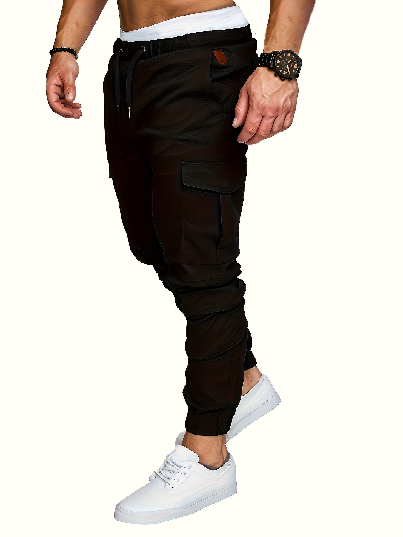 2-piece men's cargo pants set in solid color cotton with drawstring waist, regular fit, all-season wear.