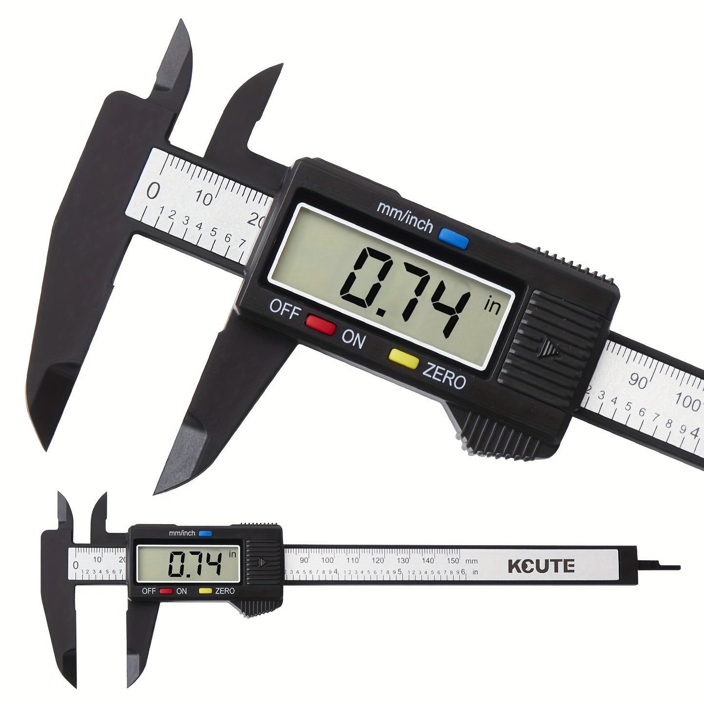 Digital caliper with LCD screen, auto-off feature, inch and millimeter conversion.