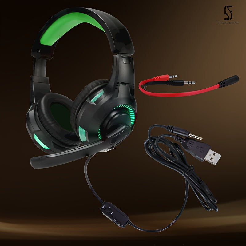 Anime gaming headset with microphone, 7.1 surround sound, push-to-talk control, noise isolating ear cup design, plastic material, 3.5mm jack, wired for desktop, laptop, and console gaming.