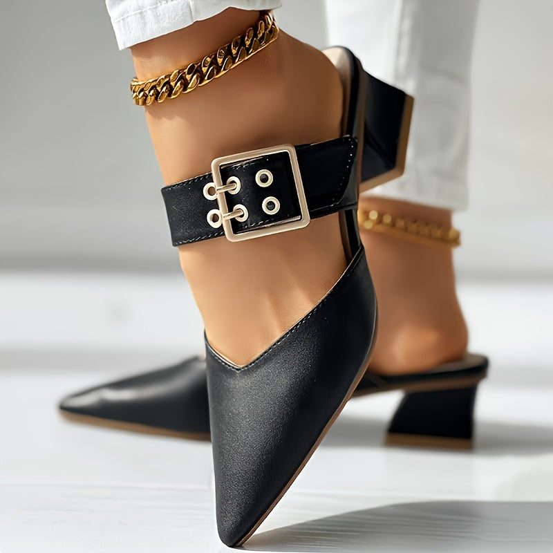 Women's elegant solid color Mary Jane shoes with buckle detail, slip-on design, and block heel.