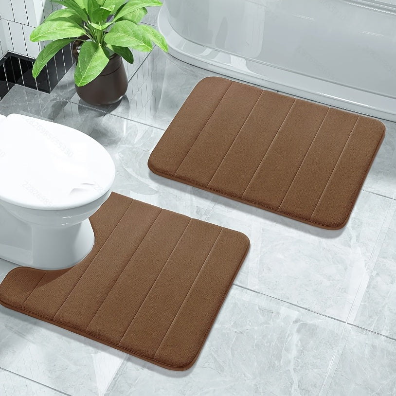 Square Striped Bath Mats Set - 2 Pieces, Non-Slip Sponge Rugs for Bathroom, Bedroom, Office, and Outdoor Use, Machine Washable, Polyester Material, Water Absorbent Floor Mats