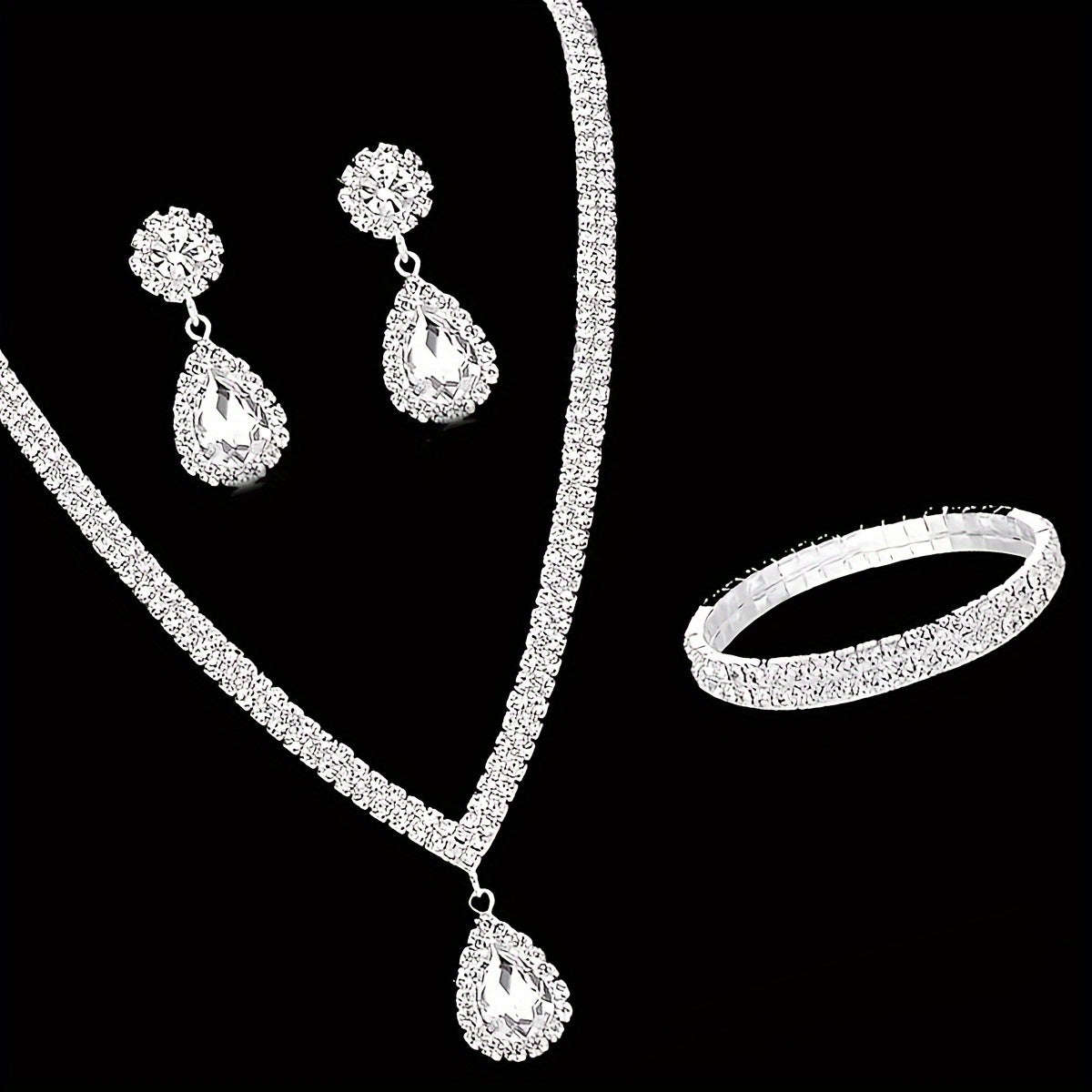 Exquisite Silver Plated Copper Jewelry Ensemble adorned with Sparkling Rhinestones - Stunning Teardrop Earrings, Necklace, and Bracelet Trio - Sophisticated Accessories for Brides & Special Occasions, Ideal Gift for Women during Christmas and Year-Round