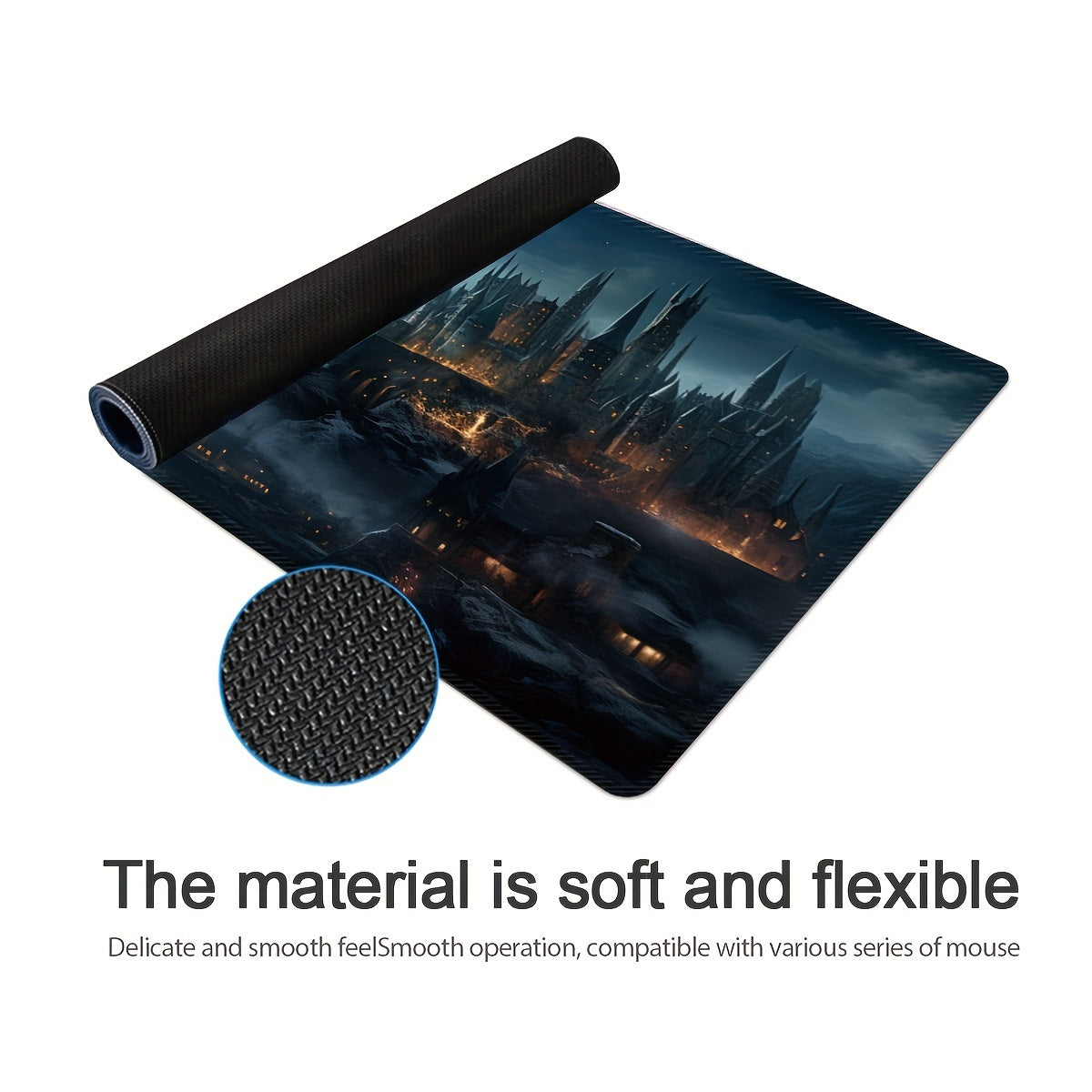 Castle Night Large Extended Gaming Mouse Pad made of rubber material with non-slip washable desk mat and precision edge stitching, ideal for gifting.