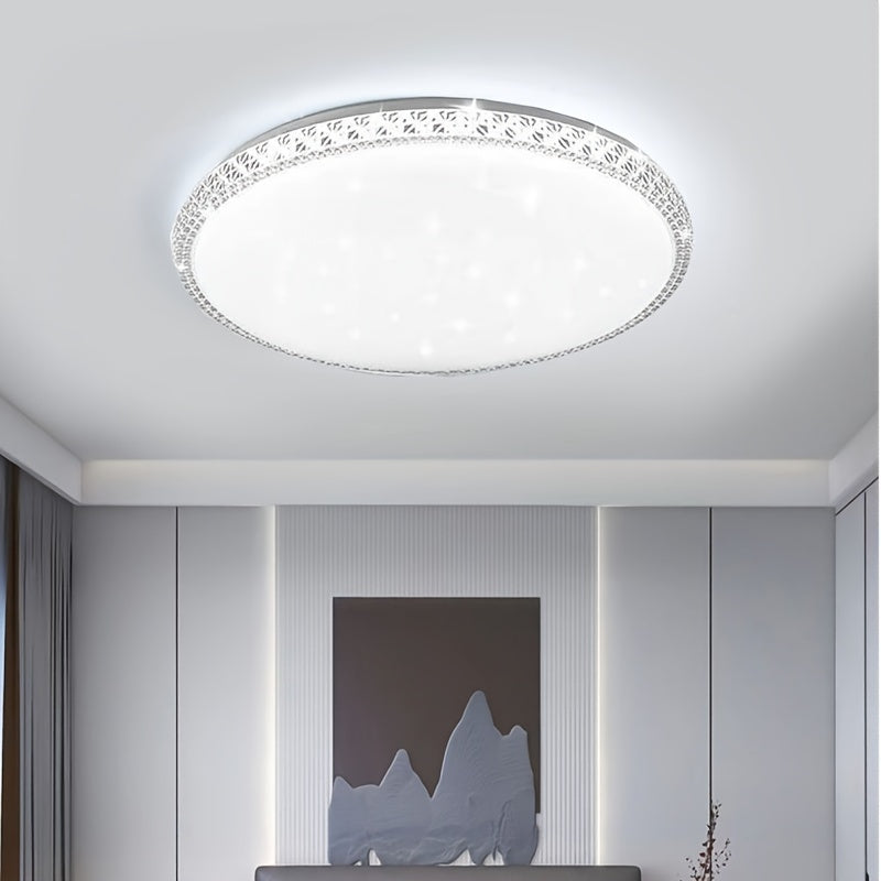 Contemporary 13" LED ceiling light in daylight white 6000K, with polished metal flush mount and acrylic shade. Hard-wired with switch control for kitchen, bedroom, stairwell. No batteries needed.