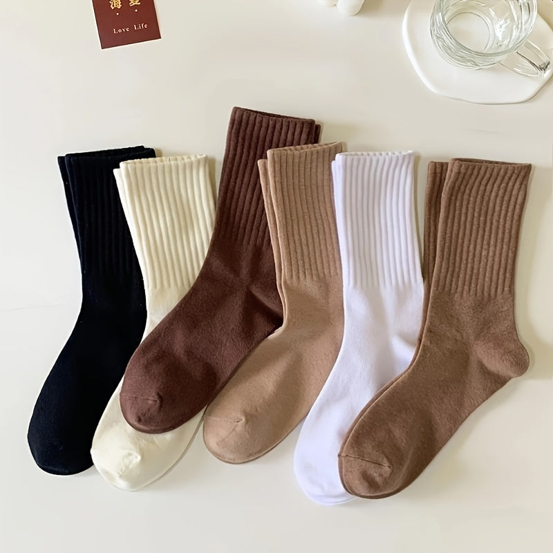 5 pairs unisex plain color crew socks, versatile and breathable for casual or sports wear.