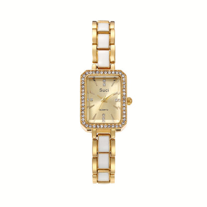 Chic square crystal luxury women's watch with minimalist design, quartz movement, zinc alloy strap, ideal Ramadan gift.