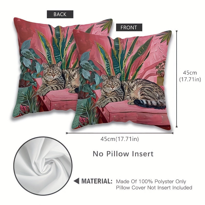 One piece of Glam Style Throw Pillow Cover featuring an Oil Painting Cat & Tropical Plants Print. This Machine Washable Polyester Decorative Cushion Case measures 44.96cm and comes with a Zipper. Perfect for use on the Sofa, Bed, or Car.