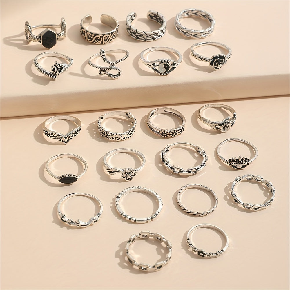 A collection of 22 vintage-inspired oil drop gossip snake eye rose carved joint rings suitable for both men and women.