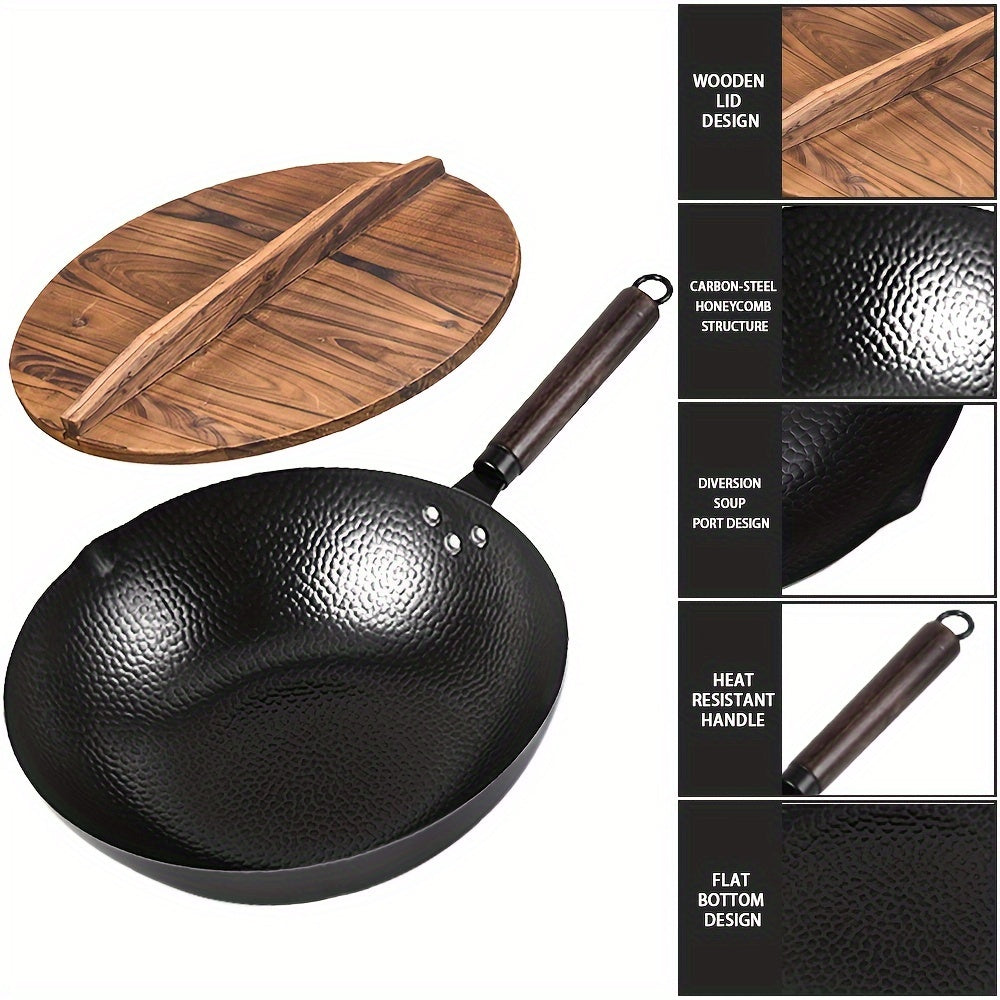 TIROTO 12-piece Wok Set includes a 32cm Uncoated Hammered Iron Pan with Wooden Lid. This induction-compatible pan is non-stick and suitable for use on gas stove, electric, and halogen cooktops. Experience Chinese-style cooking with this versatile