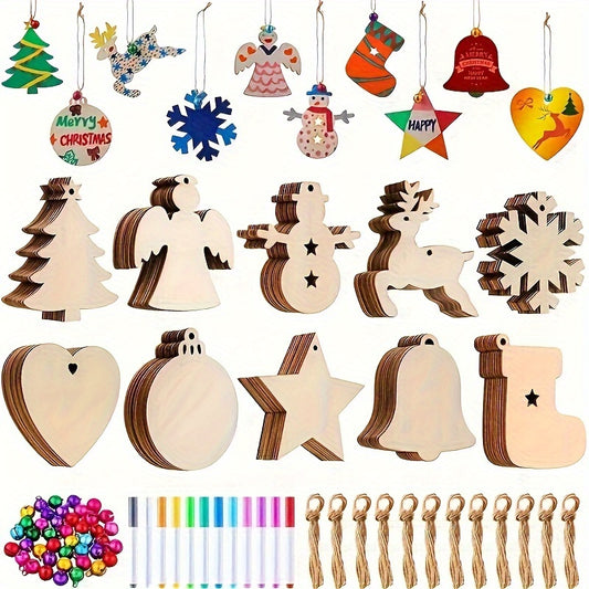 30 wooden Christmas decorations for DIY home decor, including ropes for hanging. Features wooden signs, small bells, and hemp ropes in mixed colors for outdoor display. Perfect for Christmas.