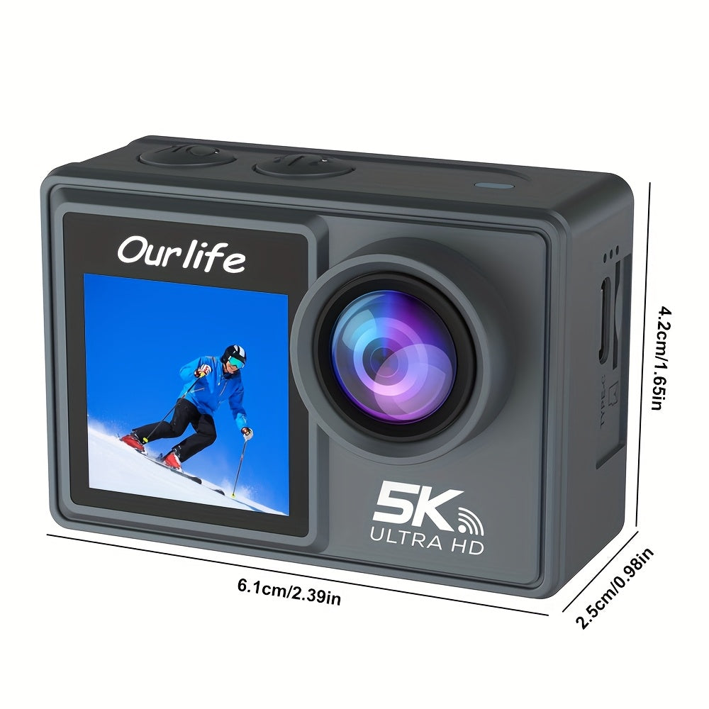 Ourlife 5K Ultra HD Dual-Screen Action Camera with WiFi, Remote Control, 2.4GHz Wireless Connectivity, Design for Adventure Photography.