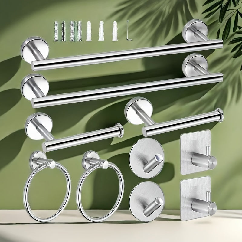 10-piece stainless steel bathroom hardware set includes towel bars, rack hooks, toilet paper holder, towel ring. It features a modern hotel-style design and can be mounted without drilling.