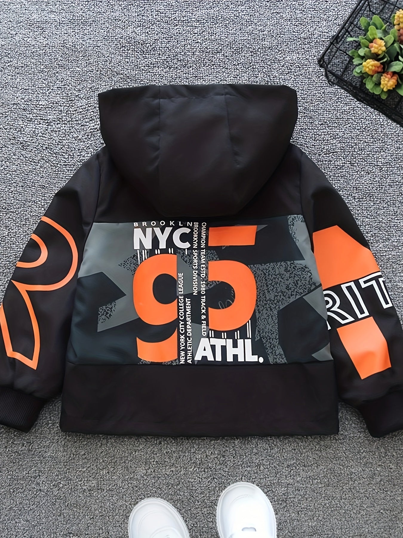 Stylish Boy's Loose Hooded Jacket with Zipper, NYC 95 Letter Print for Spring/Autumn Kids Outwear.