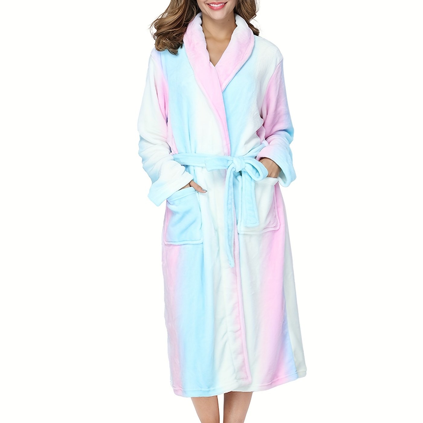 Colorblock fuzzy night robe, cozy and warm with long sleeves, lapel collar, belt, and designed for women's sleepwear.