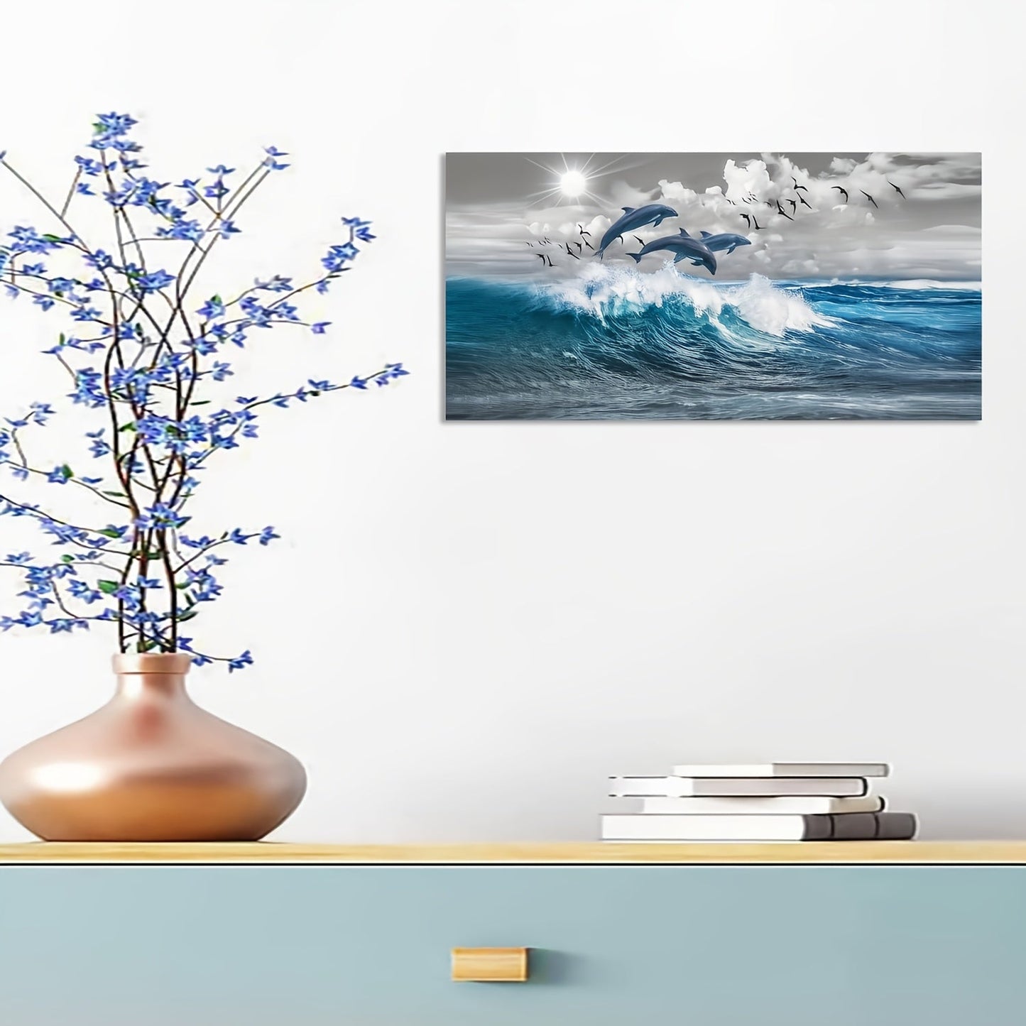 Canvas wall decoration for living room or bedroom featuring a modern blue wave design with dolphins. This large canvas art print measures 12 x 24 inches (30.64 x 60.96 cm) and comes frameless for a sleek and contemporary look. Perfect for adding a touch