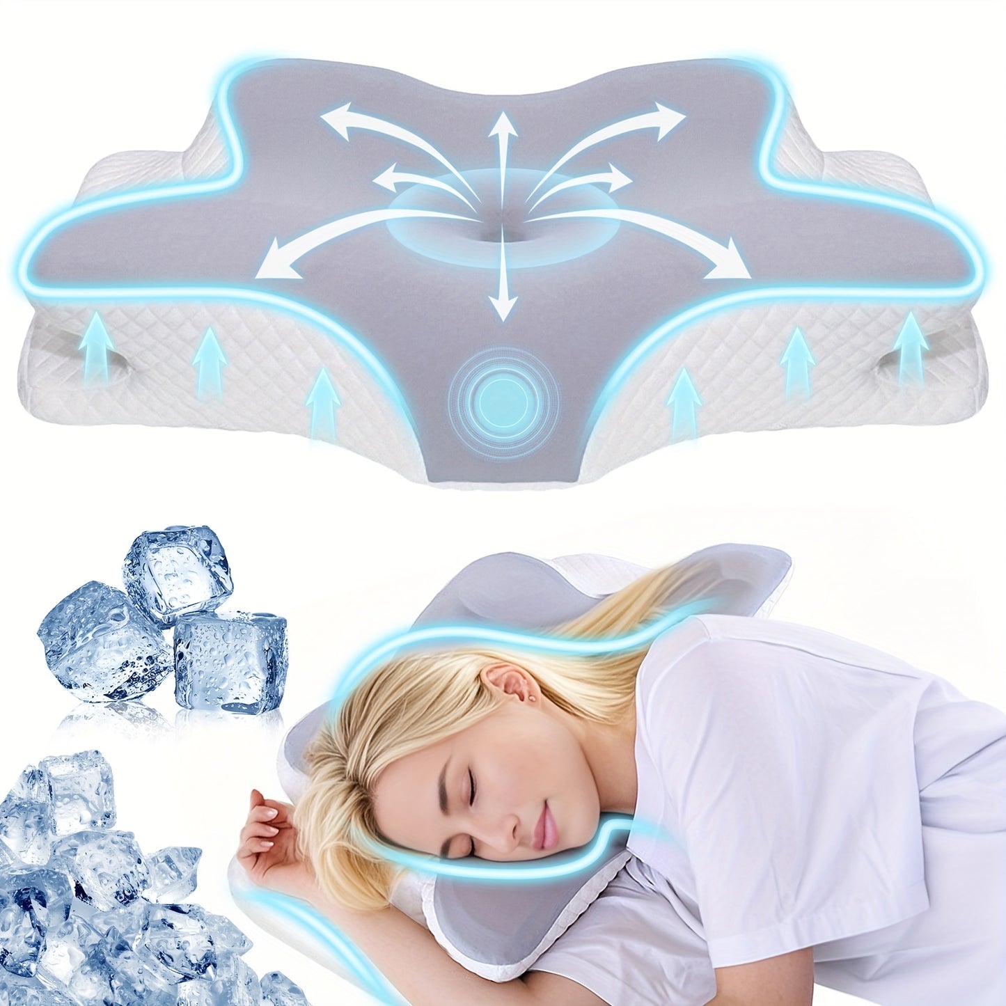 Memory foam Butterfly pillow providing ergonomic cervical spine support for back and side sleepers, with slow rebound and machine washable pillowcase.