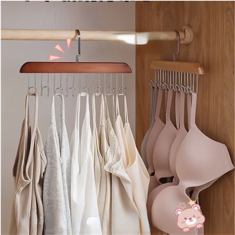 Versatile solid wood clothes hanger with 8 hooks for storage of underwear, vests, ties, and clothing. Ideal for use in clothing stores or as a clothes drying rack.