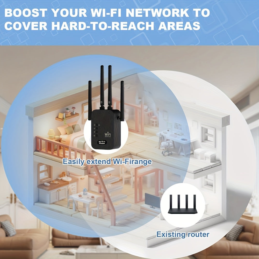 2024 WiFi booster with 6x strength, 1200Mbps, dual bands, 8500 sq ft coverage, supports 35 devices, 4 modes, easy setup, 4 antennas, Ethernet port