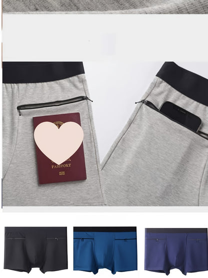 Men's travel underwear with large pockets, square cut, double zipper, and enough space to hide a passport.