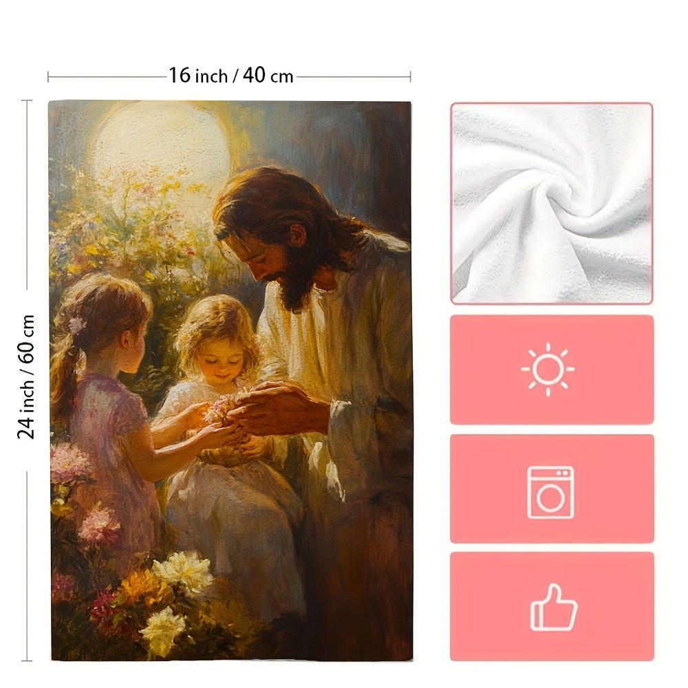 Two pieces of ultra soft kitchen towels featuring an oil painting style design titled "Easter: A Time to Open Our Hearts". These highly absorbent and machine washable dish hand towels measure 40.64x60.96 cm and depict a serene garden scene with figures