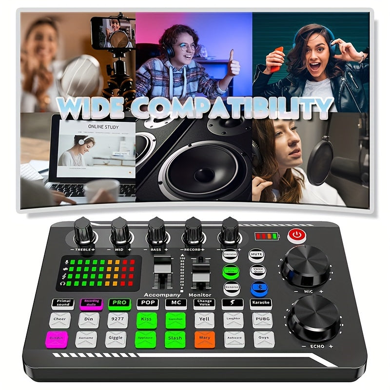 USB-powered live sound card with audio interface, DJ mixer effects, voice changer, rechargeable 1200mAh lithium battery, for streaming, podcasting, gaming - studio equipment.