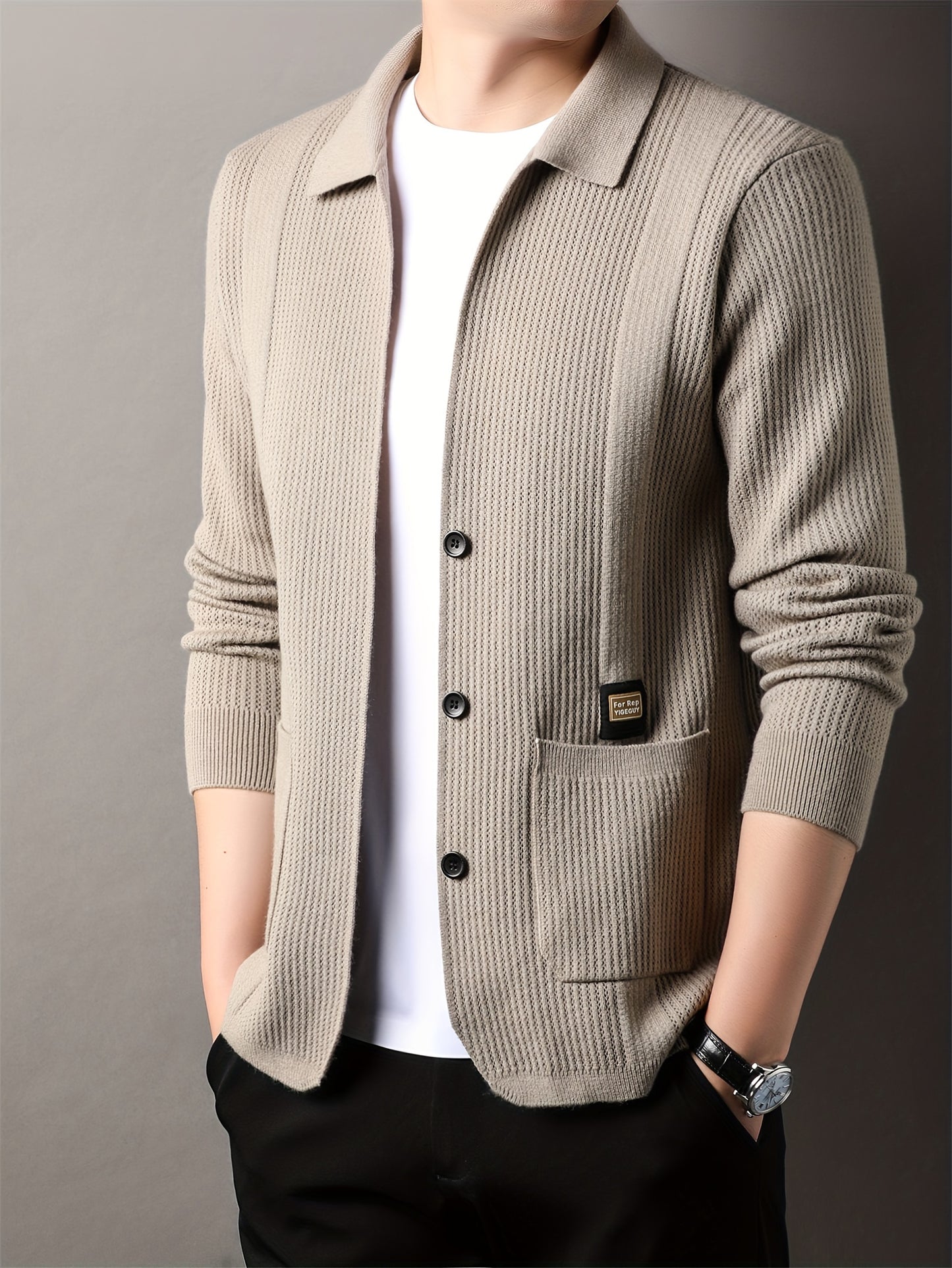 Casual V-neck cardigan for men in solid color with pockets, ideal for fall/winter.