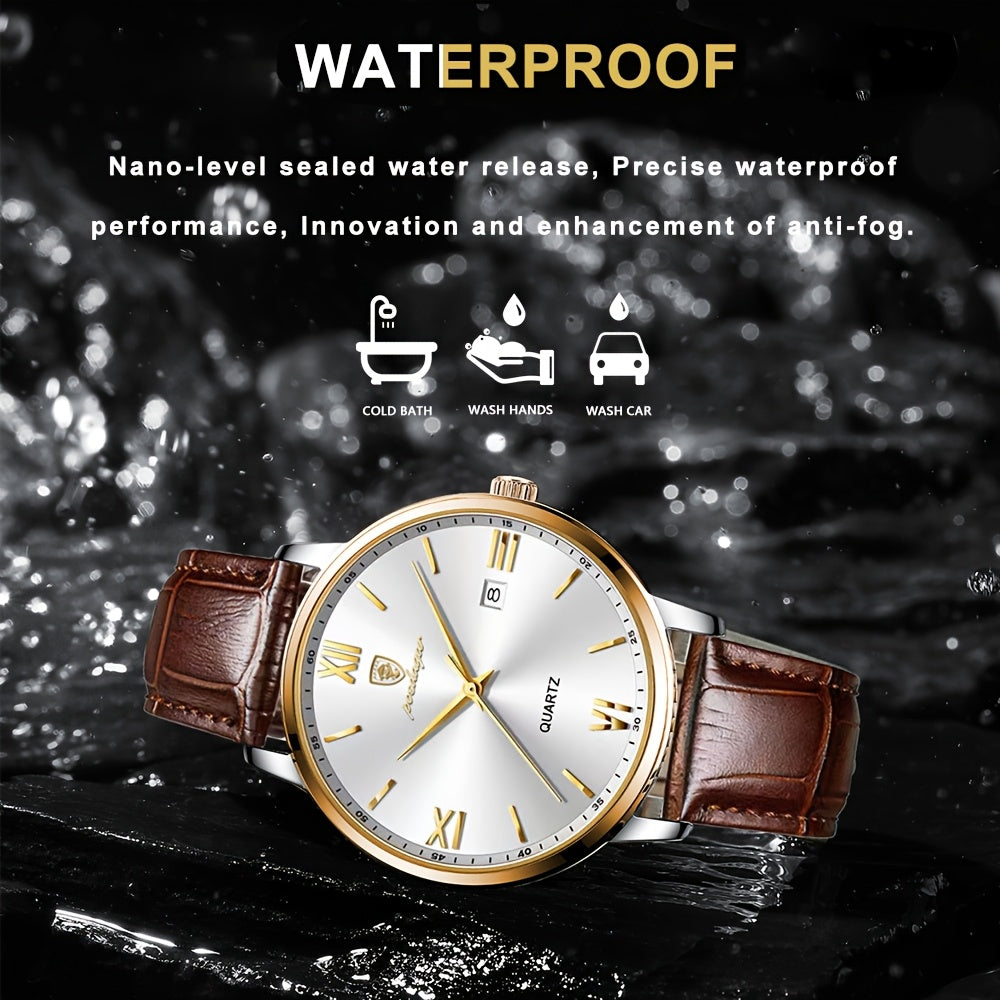 Casual Trendy Quartz Watch for Men with Luminous Calendar and PU Leather Band by POEDAGAR