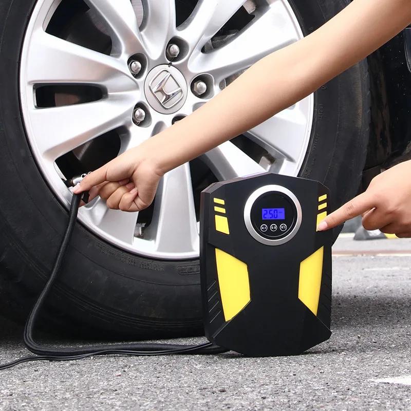 Portable tire inflator with digital gauge, LED light, and safe night use for cars and bikes.