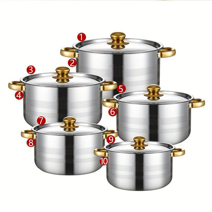 Set of 10 stainless steel saucepans with lids, suitable for induction cooking. The pots are dishwasher safe, have double handles, and can be used for cooking soup, stew, pasta, and seafood. This multipurpose cookware set is perfect for use at home, in