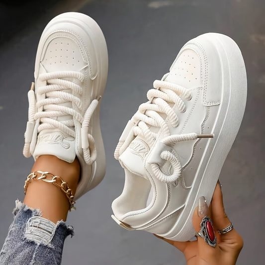 Women's low top sneakers with lace-up closure, solid color, thick sole, and unique design. Suitable for casual running in all seasons, made of man-made materials with fabric lining and