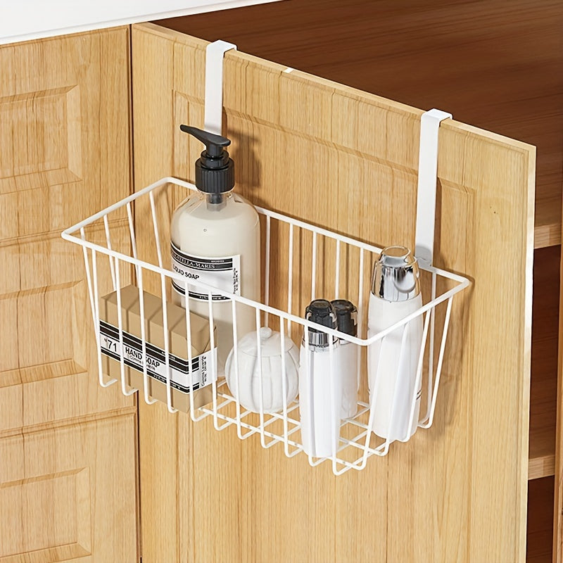 Over-the-door storage basket made of durable metal, easy to install and suitable for bathrooms, kitchens, and balconies. Comes in black or white.