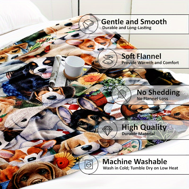 Stay stylish all year round with our Mid-Century inspired Dog Print Flannel Throw Blanket. This versatile piece is perfect for adding a touch of animal theme to your bed or sofa decor. Take it with you on your camping trips or travels for a lightweight