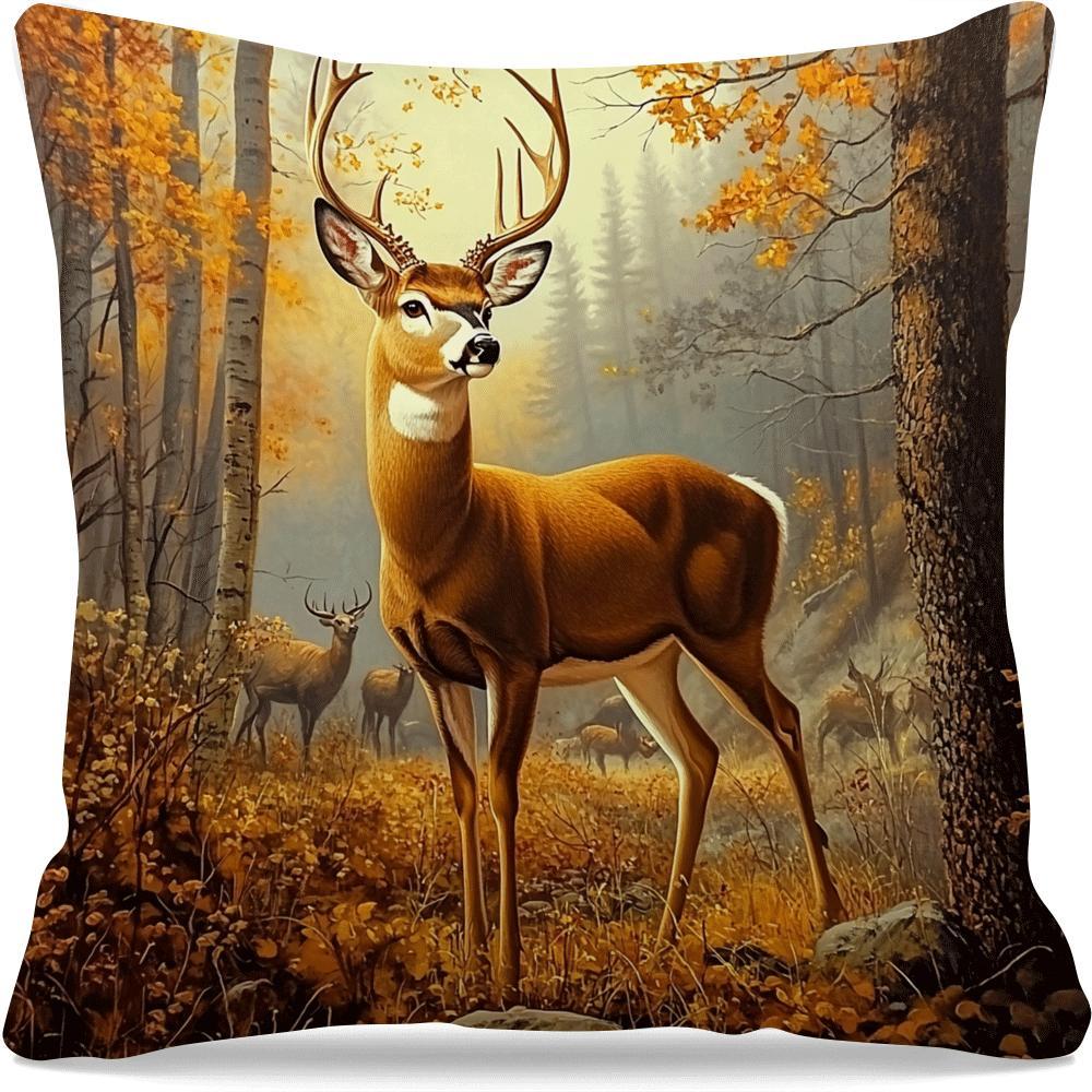 1 piece of stylish autumn elk forest scene cushion cover made of polyester. Features machine washable fabric, zipper closure, and is suitable for all seasons. Perfect for home decor and use by multi-position sleepers. Measures 45.01cm. *Cushion not