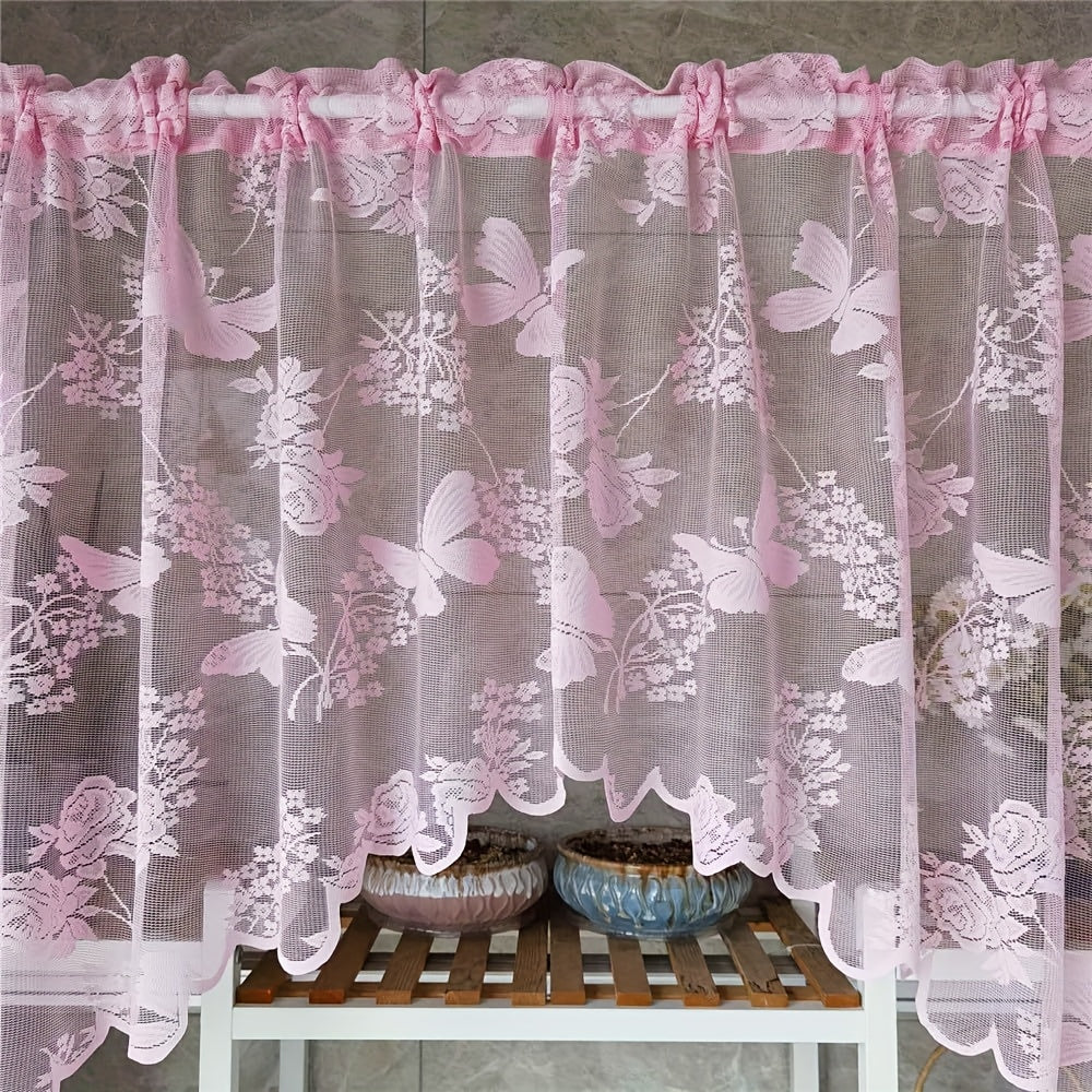 White/Blue/Purple Butterfly Flower Plant Pattern Sheer Curtain Tulle Valance with Lacework Tassel Design, Perfect for Kitchen Cafe or Bedroom. Rod Pocket Style for Easy Hanging in Bedroom, Living Room, or Home Decor.