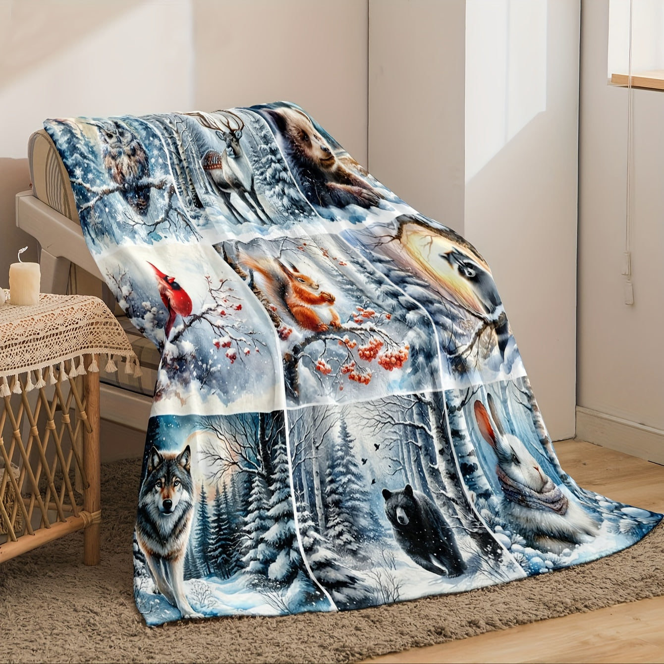 Stay warm and cozy with our 1pc CozySoft Digital Print Christmas Animal Theme Flannel Blanket. This lightweight and soft blanket is perfect for all seasons and is ideal for use on your sofa, bed, office, camping trips, or travels. It is easy to clean as