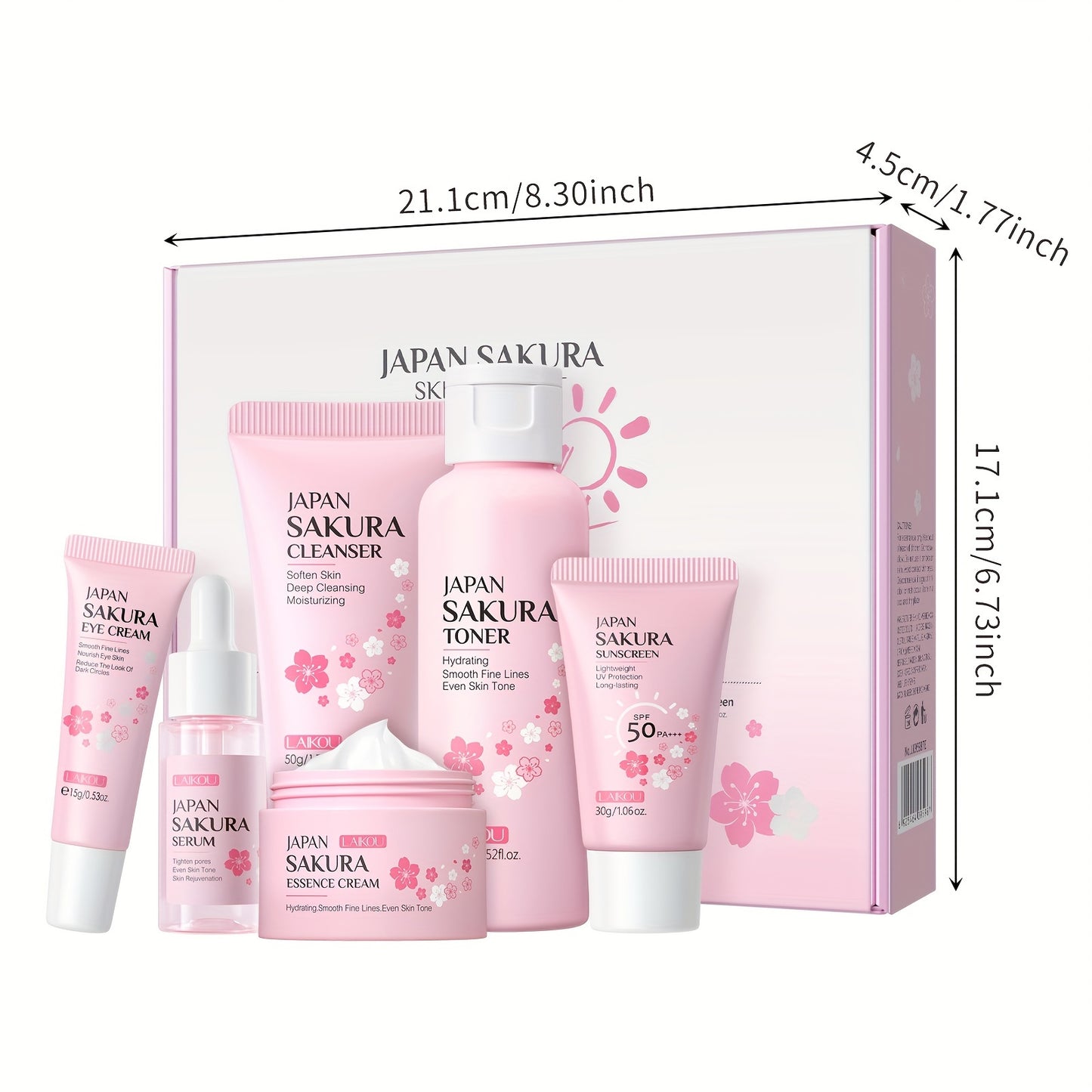 LAIKOU Sakura Skincare 6-piece Set includes Serum, Cleanser, Toner, Face Cream, Eye Cream, Day/Night Moisturizer, and Sun Cream.