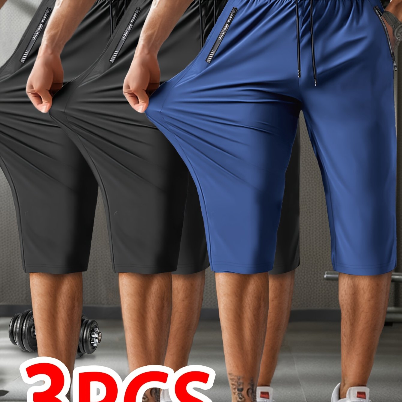 3 Summer Breathable High-Elastic Drawstring Zip Pocket Men's Sports Capri Pants