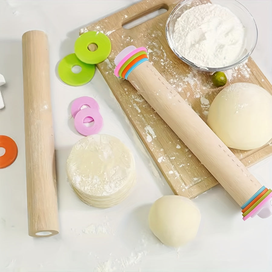 Versatile Wooden Rolling Pins Set with Interchangeable Rings for Adjusting Thickness - Perfect Dough Roller for Baking, Ideal for Holiday Baking including Christmas, Halloween, Easter, Hanukkah, and Thanksgiving.