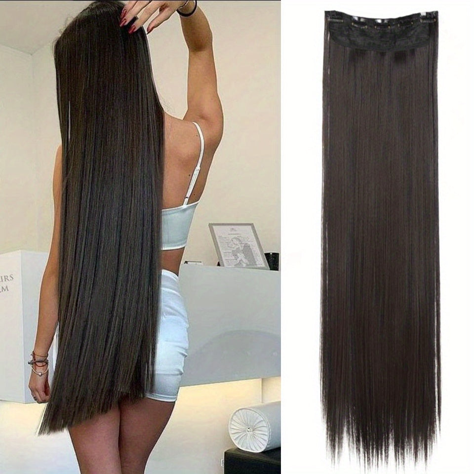 Long synthetic clip-in hair extensions for full head volume and length, easy to wear.