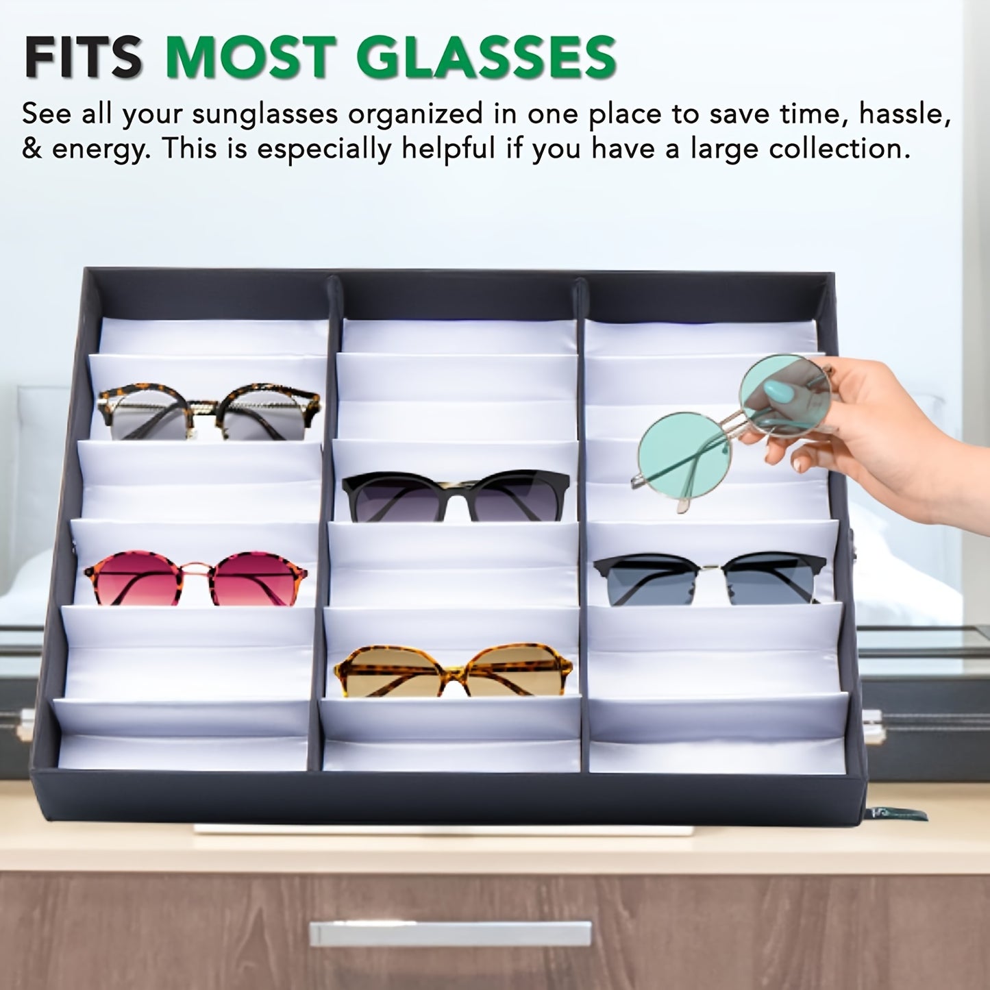 Upgraded 18-slot glasses organizer with clear lid, fabric lining, and snap close. Ideal for displaying glasses in stores.