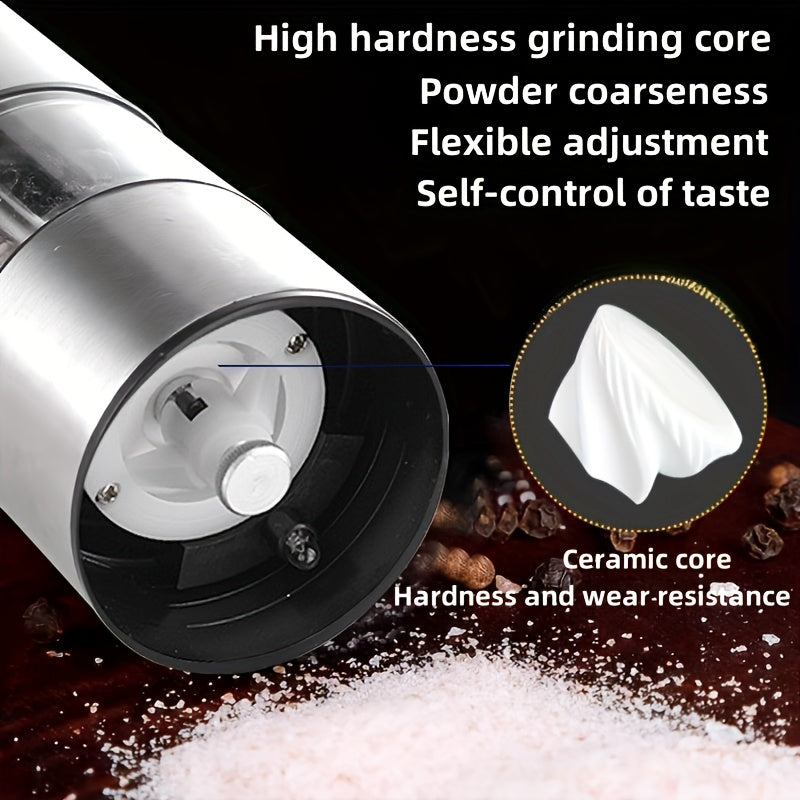 One-Handed Battery-Powered Electric Spice Grinder - Adjustable Stainless Steel Pepper & Salt Mill with LED Light, Perfect for Kitchen and Dining