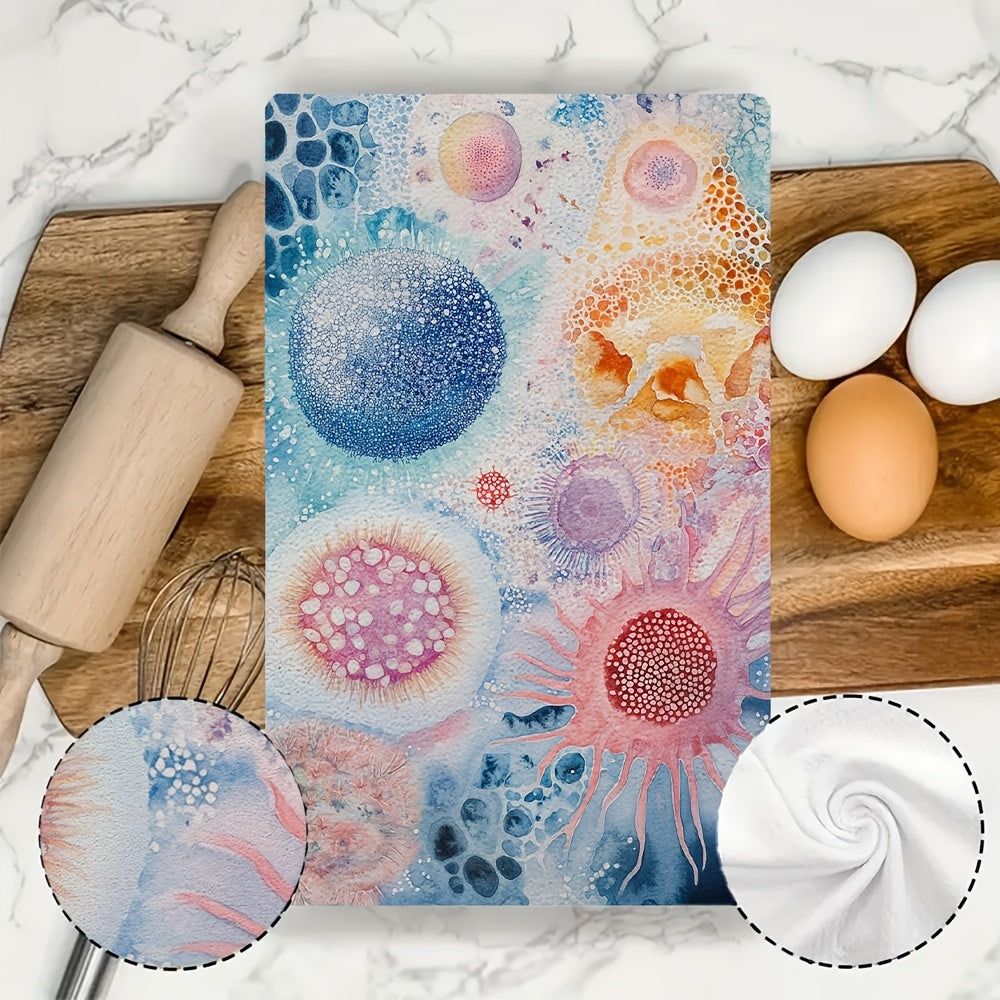 Two ultra soft kitchen towels featuring a design of eukaryotic vs prokaryotic cells. These highly absorbent and machine washable dish hand towels showcase a vibrant marine life theme. Measuring 40.64x60.96 cm, they are the perfect addition to your