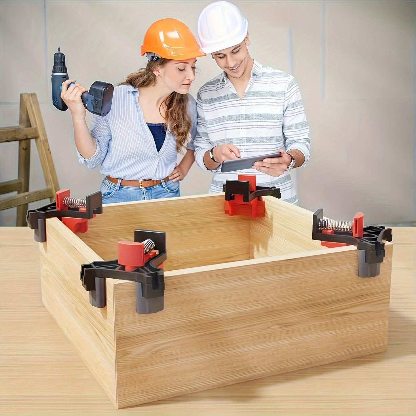 4 Adjustable Corner Clamps made of durable plastic for woodworking projects, photo frames, and T & corner joint frames.