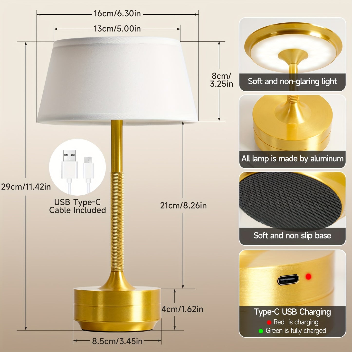 USB Rechargeable Table Lamp with Metal Material, Touch Control, 3 Color Temperatures, Stepless Dimming, and Removable Art Lampshade, suitable for various settings.