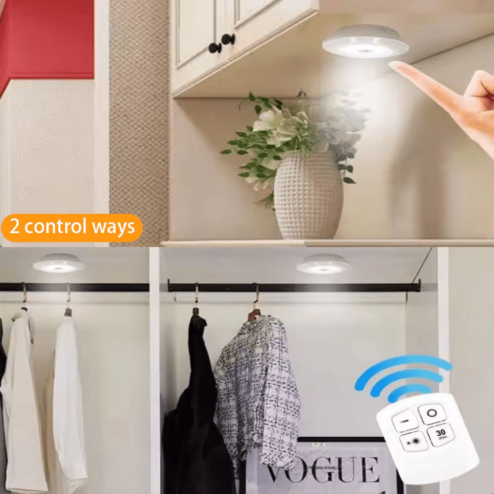 Dimmable LED Under Cabinet Lighting Kit with Remote Control, 6500K Cool White Light, Battery-Powered for Closets & Kitchens (Batteries Not Included)