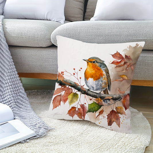 Autumn Robin Decorative Pillow Cover with Watercolor Print on Polyester, Zipper Closure, Machine Washable, Perfect for Home and Car Decor (Insert not included)